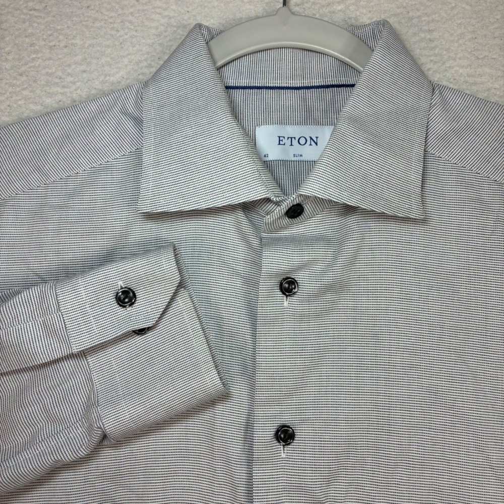 Eton Shirt Men 16.5x34 White Black Slim Long Sleeve Button Up Dress Long Sleeve